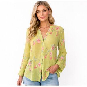 Figueroa & Flower XL Embroidered Gauze Blouse Green Boho Semi Sheer